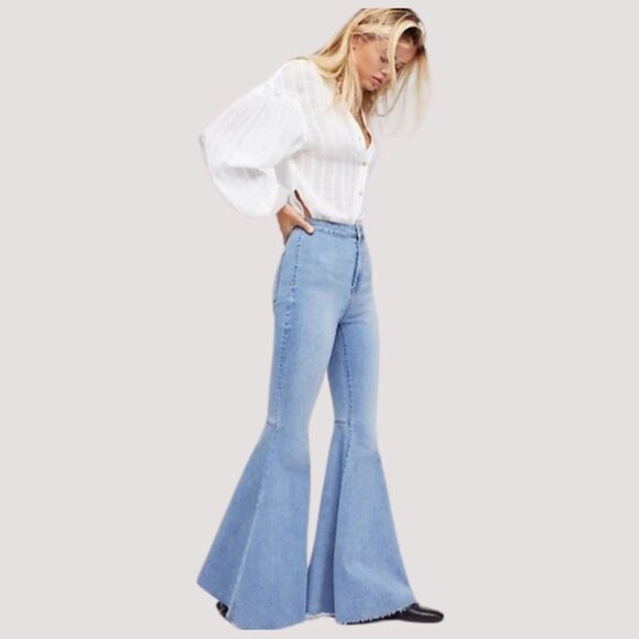 Free People Float On Super Flare Jeans Love Letters Medium Wash Wide Leg Size 27 - Picture 4 of 5